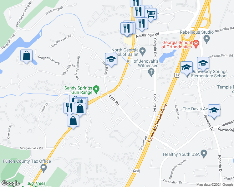 map of restaurants, bars, coffee shops, grocery stores, and more near 8111 Roswell Road Northeast in Sandy Springs