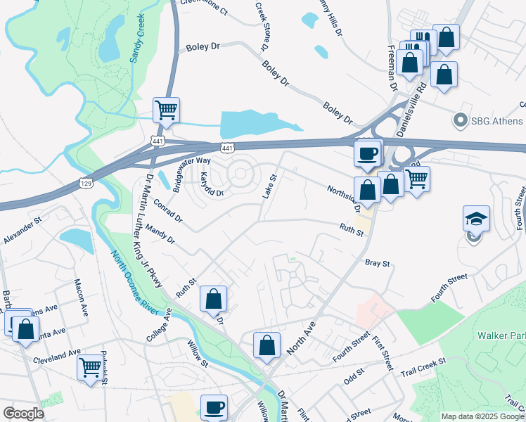 map of restaurants, bars, coffee shops, grocery stores, and more near 116 Lake Street in Athens