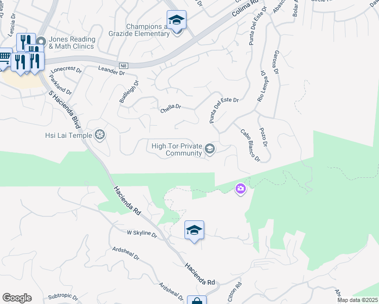 map of restaurants, bars, coffee shops, grocery stores, and more near 16247 Elza Drive in Hacienda Heights