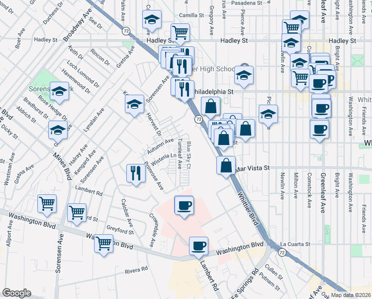 map of restaurants, bars, coffee shops, grocery stores, and more near 12200 Blue Sky Court in Whittier