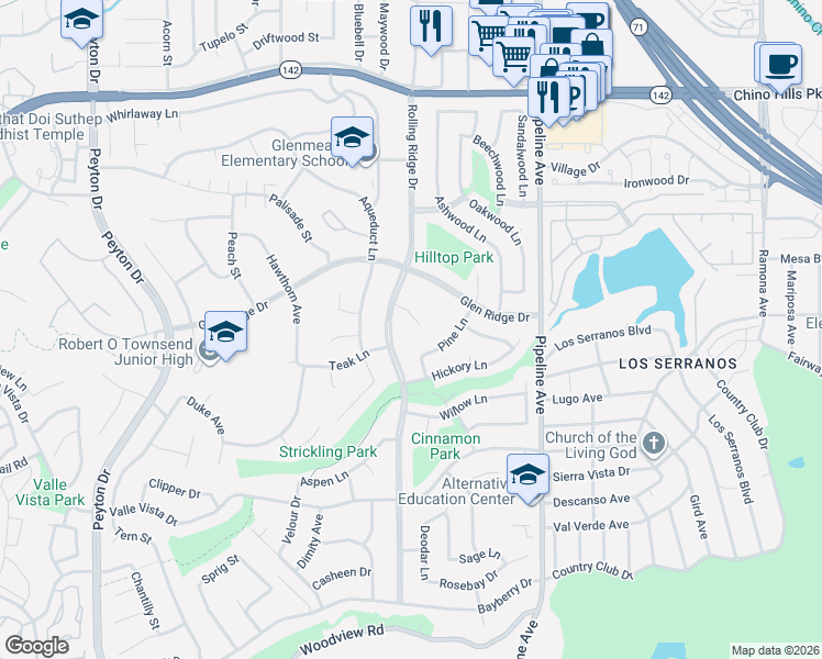 map of restaurants, bars, coffee shops, grocery stores, and more near 3871 Arbor Court in Chino Hills