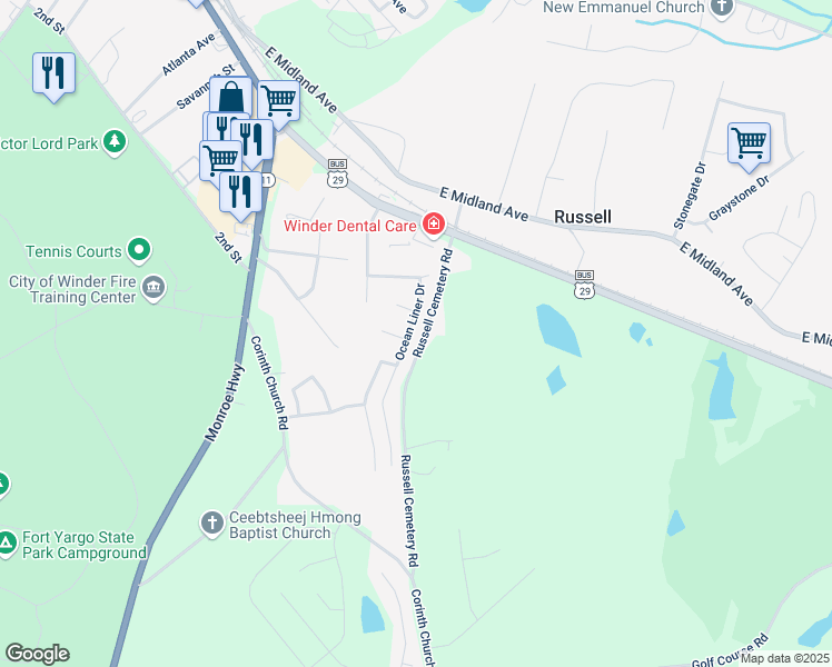 map of restaurants, bars, coffee shops, grocery stores, and more near 216 Oceanliner Drive in Winder