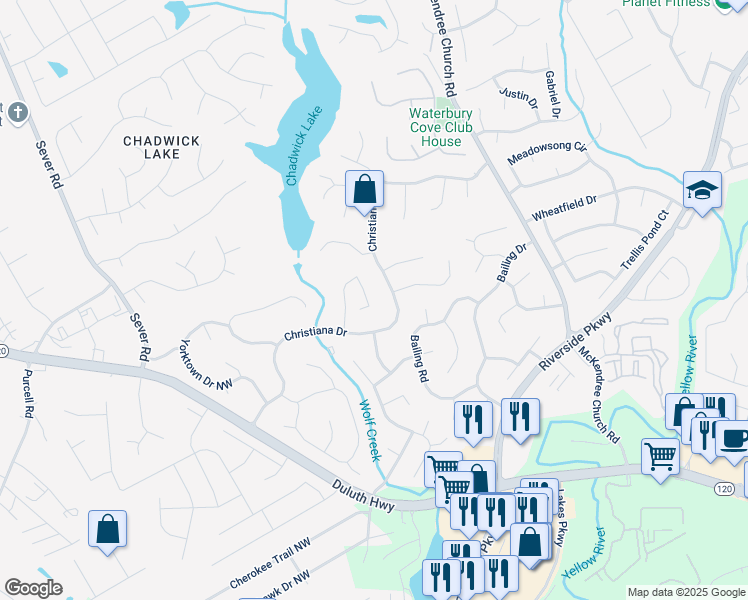 map of restaurants, bars, coffee shops, grocery stores, and more near 1490 Walnut Hill Circle in Lawrenceville