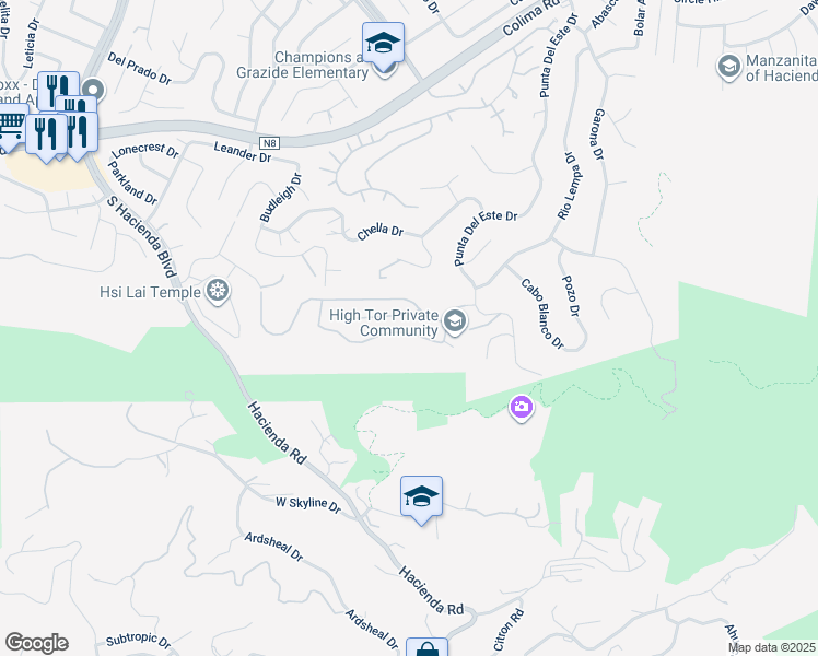 map of restaurants, bars, coffee shops, grocery stores, and more near 16247 Elza Drive in Hacienda Heights