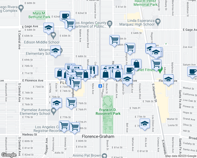 map of restaurants, bars, coffee shops, grocery stores, and more near 1667 East Florence Avenue in Los Angeles