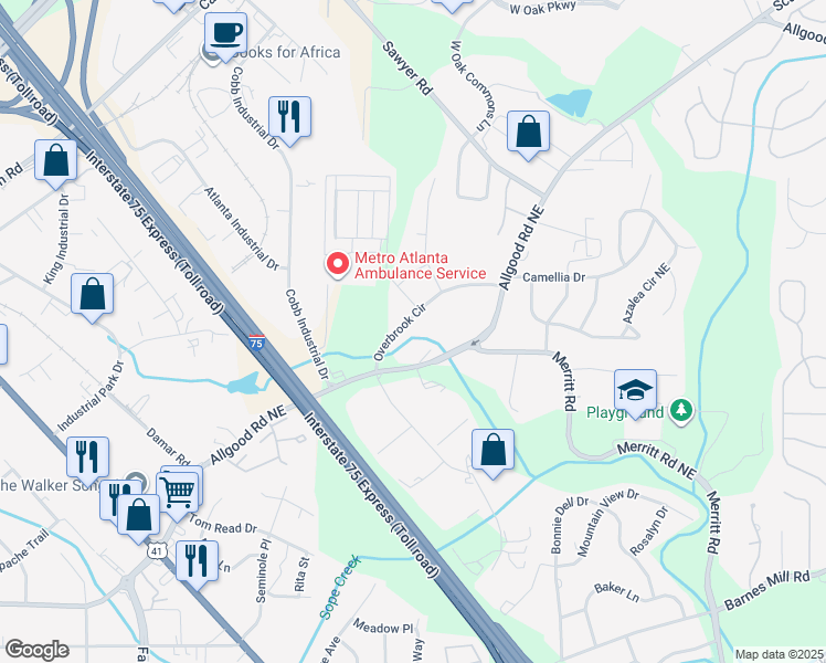 map of restaurants, bars, coffee shops, grocery stores, and more near 942 Overbrook Circle in Marietta