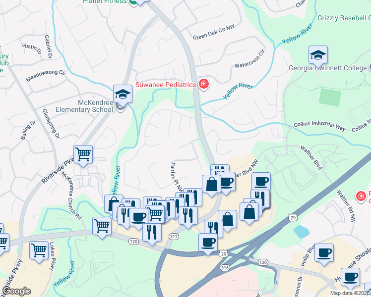 map of restaurants, bars, coffee shops, grocery stores, and more near 630 Dartmouth Court Northwest in Lawrenceville