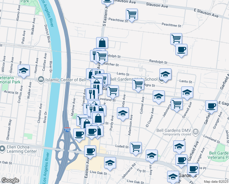 map of restaurants, bars, coffee shops, grocery stores, and more near 5830 East Gage Avenue in Bell Gardens
