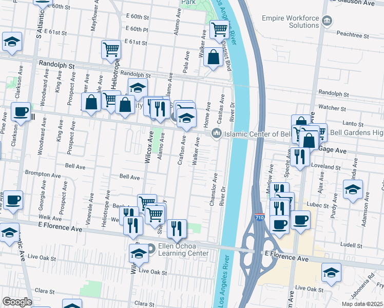 map of restaurants, bars, coffee shops, grocery stores, and more near 6521 Walker Avenue in Bell