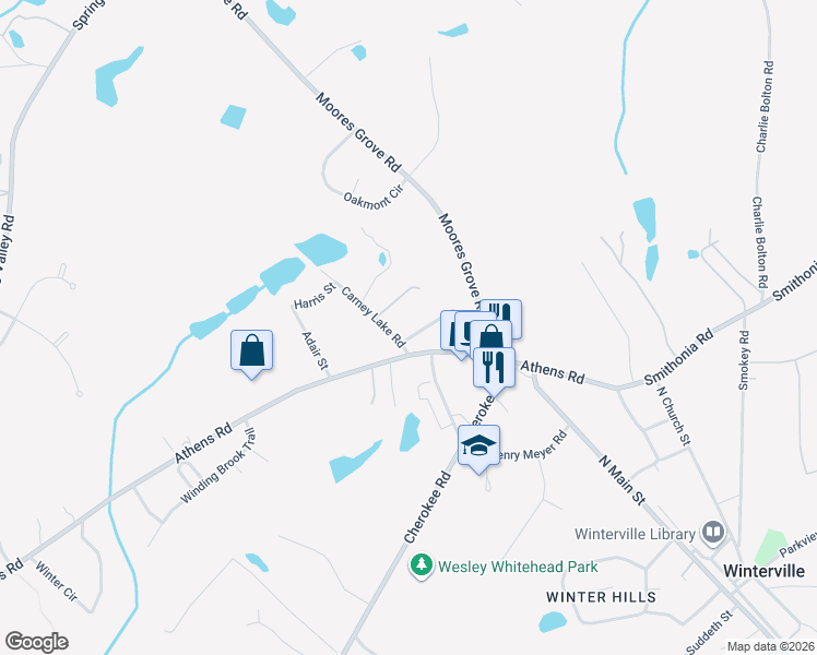 map of restaurants, bars, coffee shops, grocery stores, and more near 380 Gordon Circle in Winterville