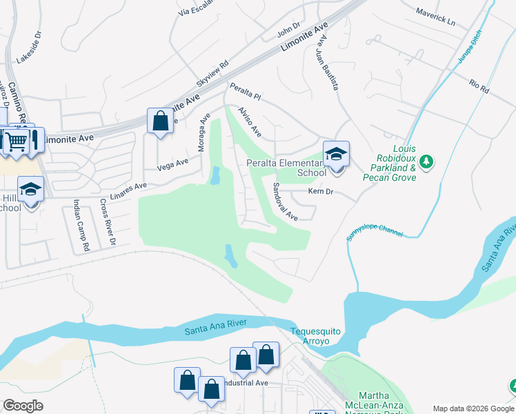 map of restaurants, bars, coffee shops, grocery stores, and more near 6248 Avenue Juan Diaz in Riverside