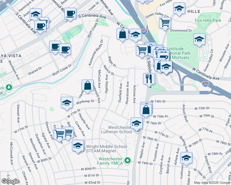 map of restaurants, bars, coffee shops, grocery stores, and more near 7410 El Manor Avenue in Los Angeles