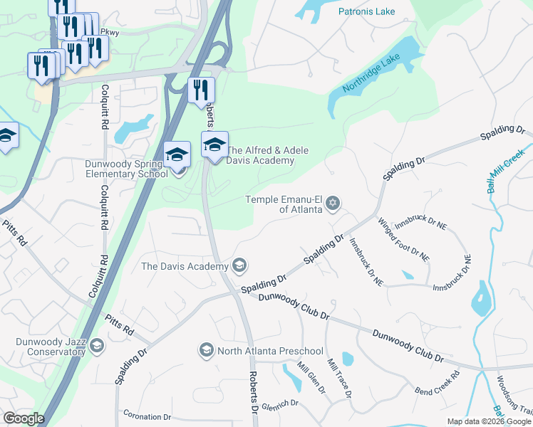 map of restaurants, bars, coffee shops, grocery stores, and more near 1580 Bakers Glen Drive in Atlanta