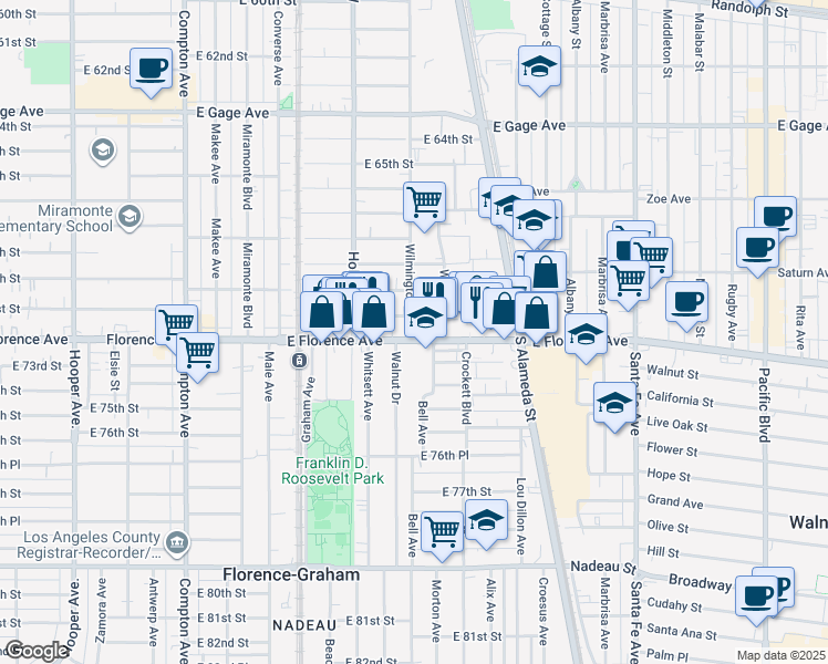 map of restaurants, bars, coffee shops, grocery stores, and more near 1901 East Florence Avenue in Los Angeles