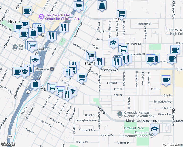 map of restaurants, bars, coffee shops, grocery stores, and more near 2628 9th Street in Riverside