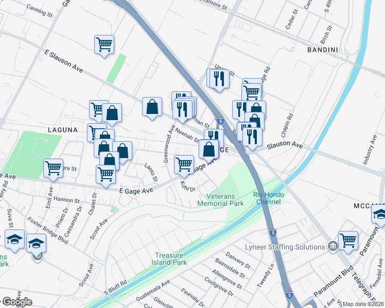 map of restaurants, bars, coffee shops, grocery stores, and more near 7163 Watcher Street in Commerce