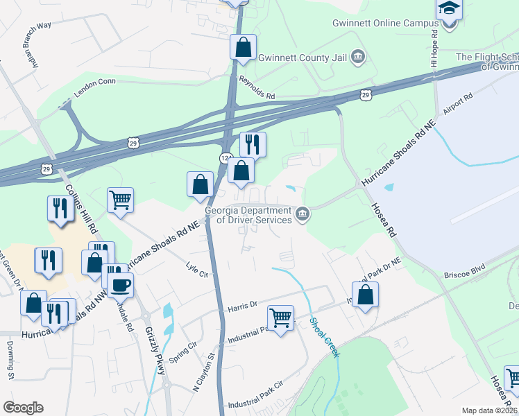 map of restaurants, bars, coffee shops, grocery stores, and more near 256 Hurricane Shoals Road Northeast in Lawrenceville