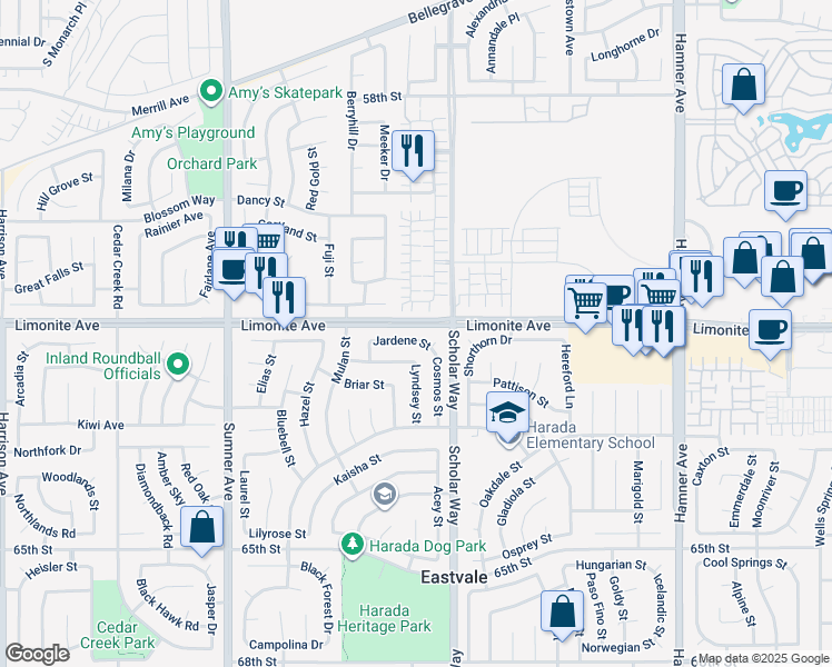 map of restaurants, bars, coffee shops, grocery stores, and more near 13058 Jardene Street in Corona