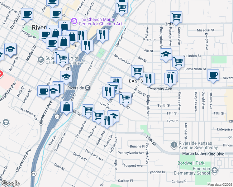 map of restaurants, bars, coffee shops, grocery stores, and more near 4022 Park Avenue in Riverside