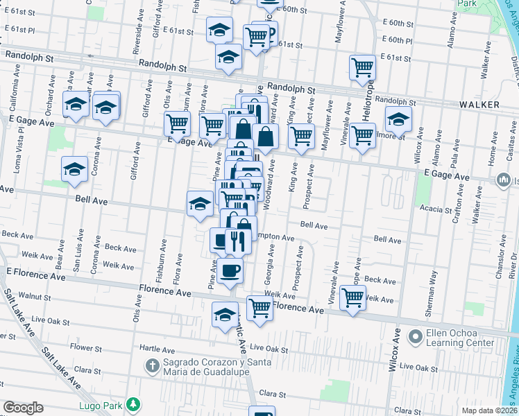 map of restaurants, bars, coffee shops, grocery stores, and more near 6705 Woodward Avenue in Bell