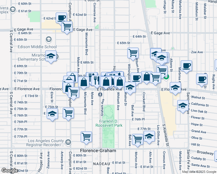 map of restaurants, bars, coffee shops, grocery stores, and more near 1735 East Florence Avenue in Los Angeles
