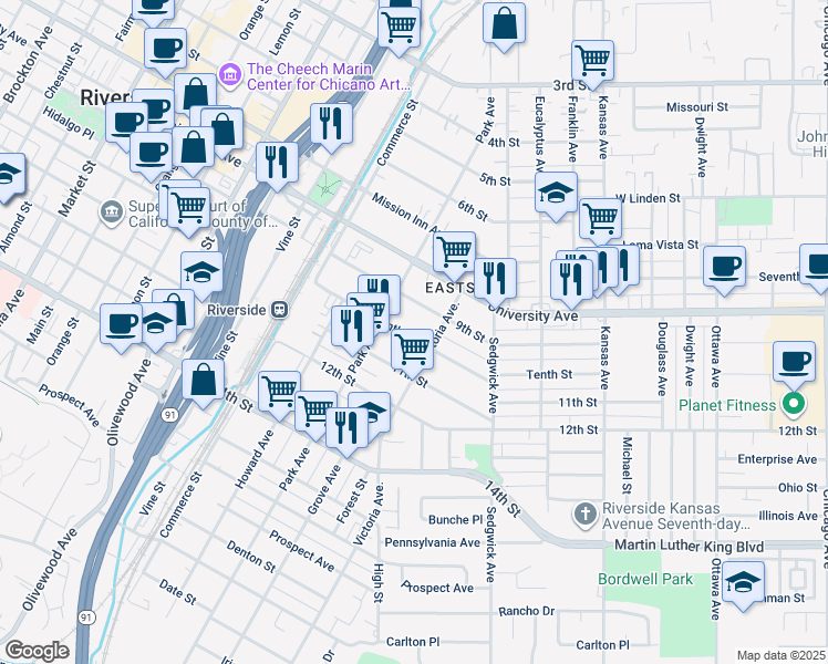 map of restaurants, bars, coffee shops, grocery stores, and more near 2775 Tenth Street in Riverside