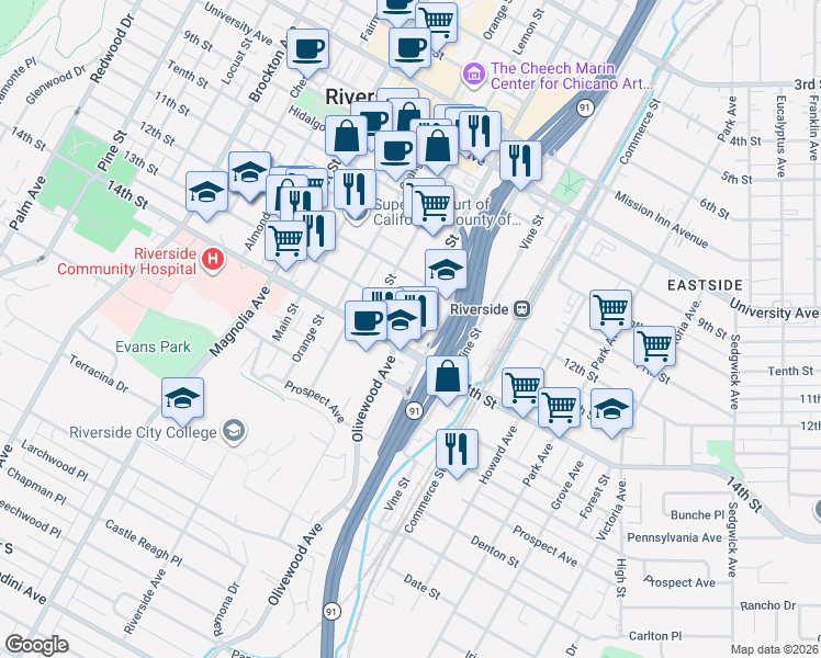 map of restaurants, bars, coffee shops, grocery stores, and more near 4341 Mulberry Street in Riverside