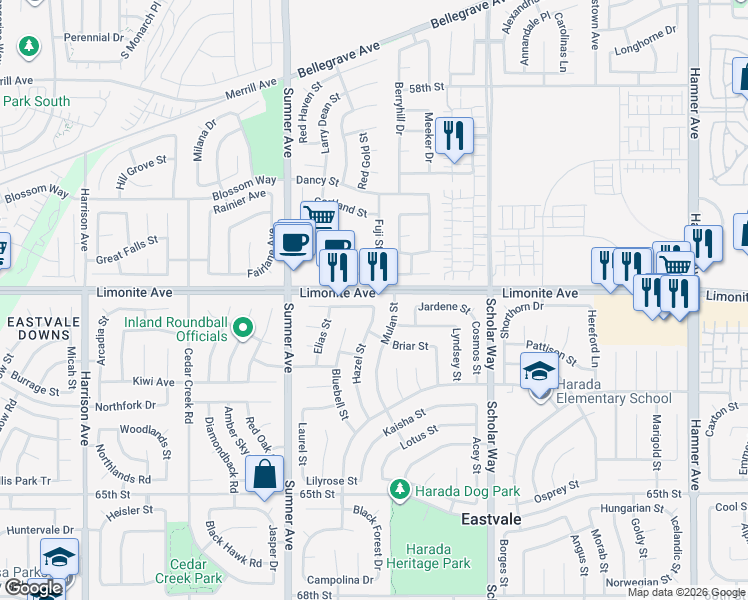 map of restaurants, bars, coffee shops, grocery stores, and more near 6215 Mulan Street in Corona