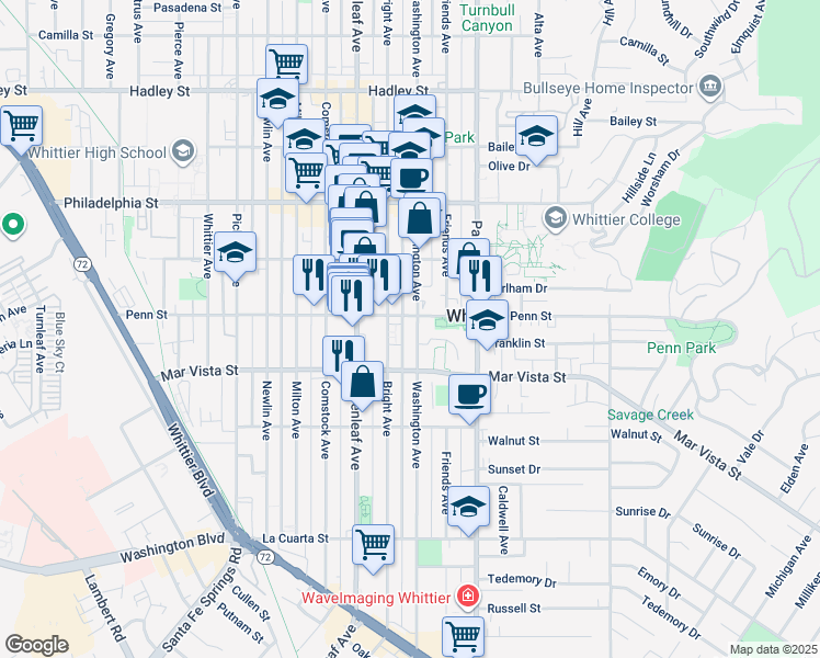 map of restaurants, bars, coffee shops, grocery stores, and more near 7303 Washington Avenue in Whittier