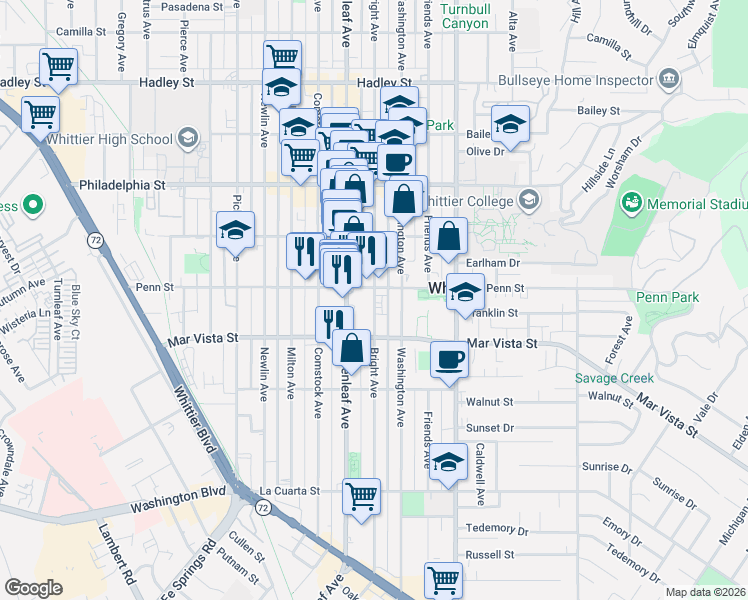 map of restaurants, bars, coffee shops, grocery stores, and more near 7322 Bright Avenue in Whittier