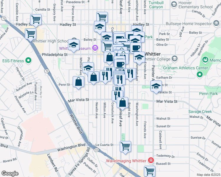 map of restaurants, bars, coffee shops, grocery stores, and more near 7312 Milton Avenue in Whittier