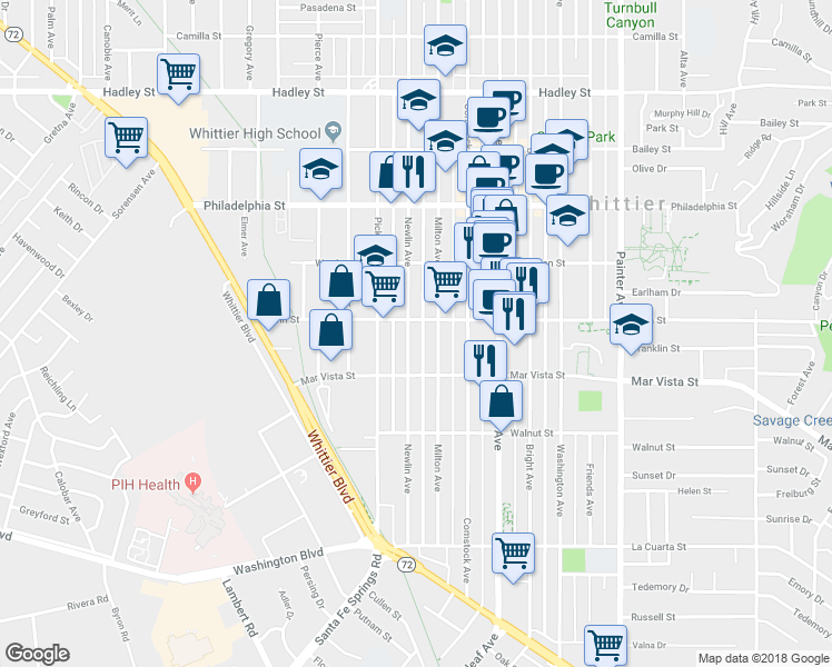 map of restaurants, bars, coffee shops, grocery stores, and more near 7319 Newlin Avenue in Whittier