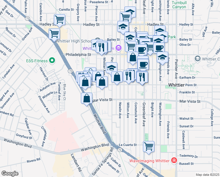 map of restaurants, bars, coffee shops, grocery stores, and more near 12512 Penn Street in Whittier