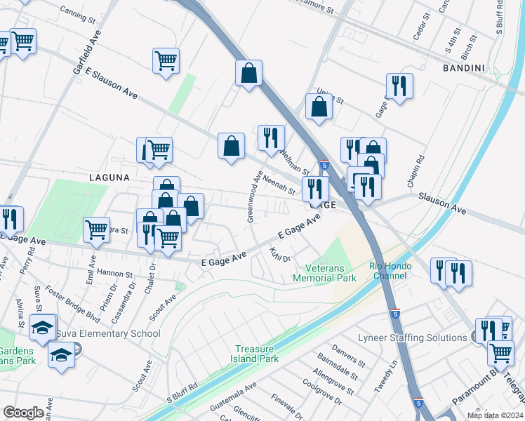 map of restaurants, bars, coffee shops, grocery stores, and more near 7105 Watcher Street in Commerce
