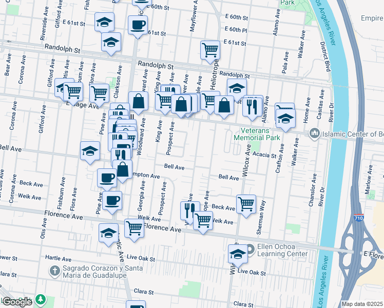 map of restaurants, bars, coffee shops, grocery stores, and more near 6624 Mayflower Avenue in Bell