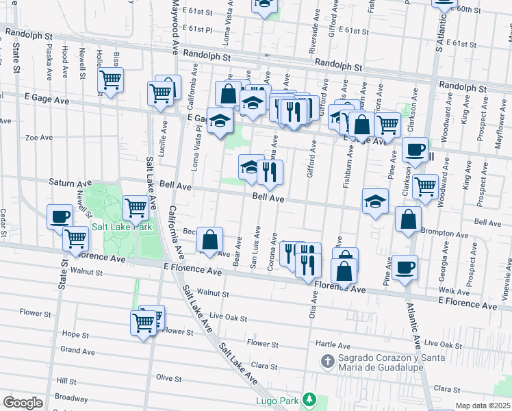 map of restaurants, bars, coffee shops, grocery stores, and more near 6814 San Luis Avenue in Bell