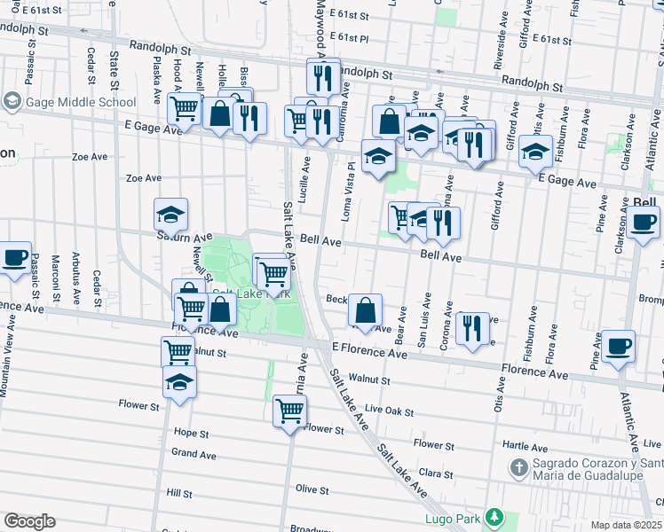 map of restaurants, bars, coffee shops, grocery stores, and more near 3611 Smith Street in Bell