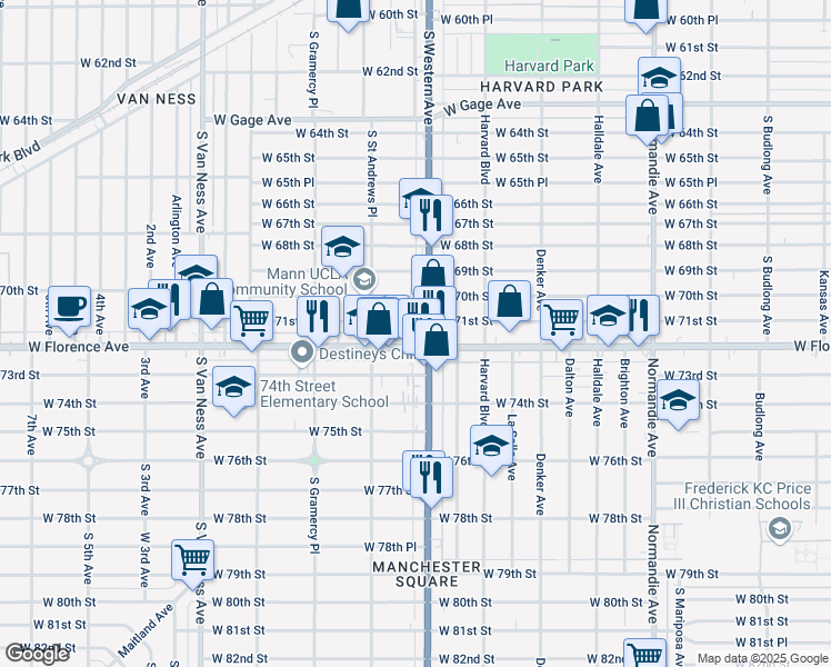 map of restaurants, bars, coffee shops, grocery stores, and more near 1818 West 71st Street in Los Angeles