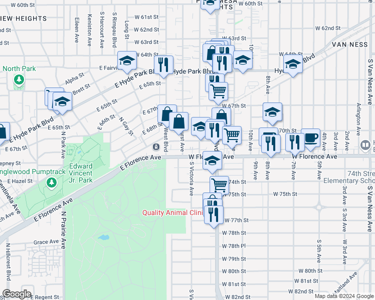 map of restaurants, bars, coffee shops, grocery stores, and more near 3519 West Florence Avenue in Los Angeles
