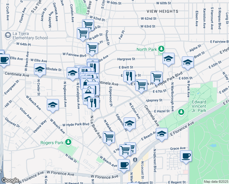 map of restaurants, bars, coffee shops, grocery stores, and more near 305 East Plymouth Street in Inglewood