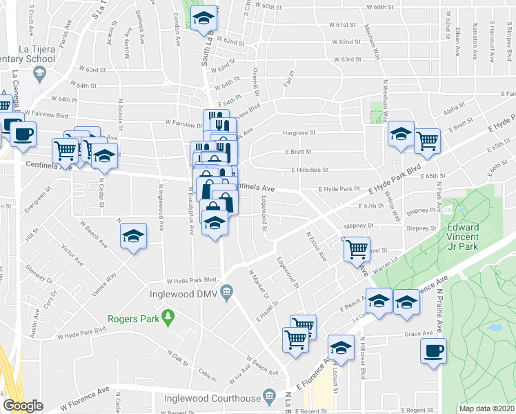 map of restaurants, bars, coffee shops, grocery stores, and more near 908 North Market Street in Inglewood