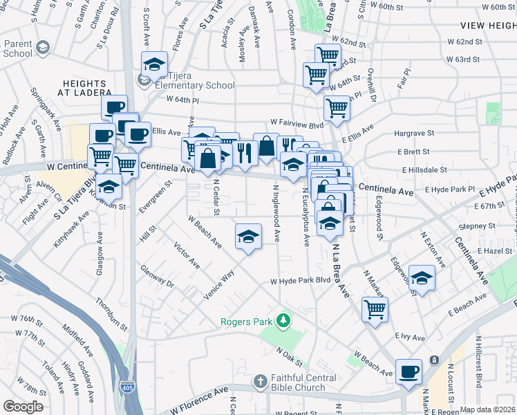 map of restaurants, bars, coffee shops, grocery stores, and more near 910 Enterprise Avenue in Inglewood