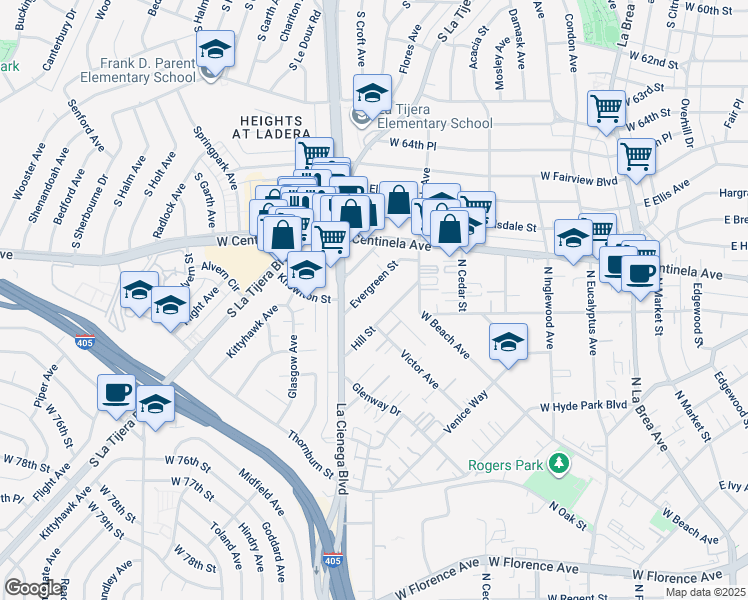 map of restaurants, bars, coffee shops, grocery stores, and more near 559 Evergreen Street in Inglewood
