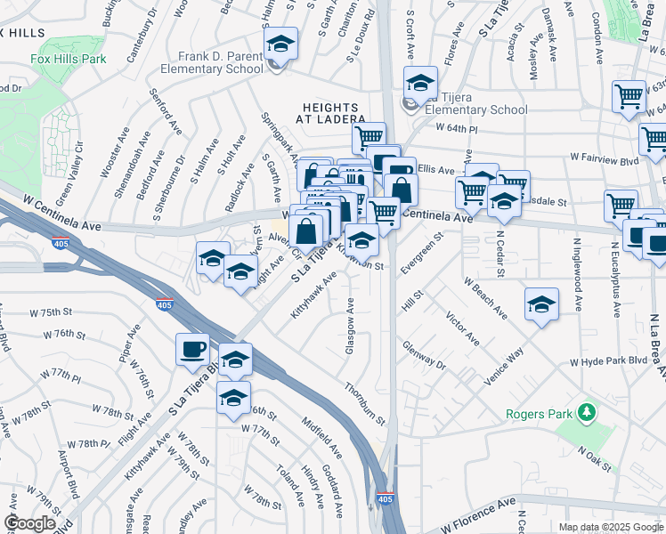 map of restaurants, bars, coffee shops, grocery stores, and more near 6921 Kittyhawk Avenue in Los Angeles