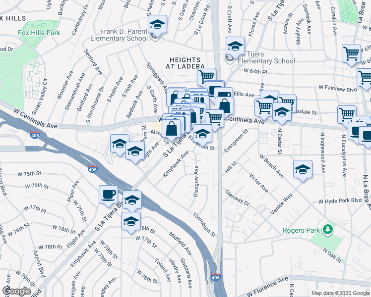 map of restaurants, bars, coffee shops, grocery stores, and more near 6921 Kittyhawk Avenue in Los Angeles