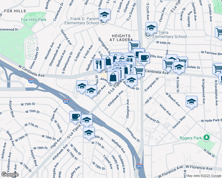 map of restaurants, bars, coffee shops, grocery stores, and more near 6946 1/2 La Tijera Boulevard in Los Angeles