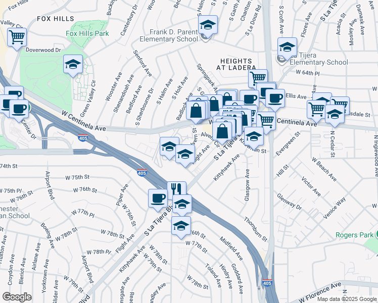 map of restaurants, bars, coffee shops, grocery stores, and more near 7100 Alvern Street in Los Angeles