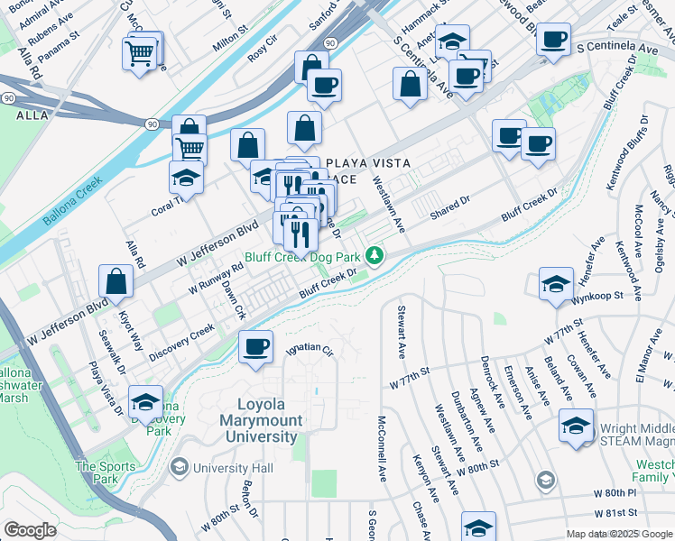 map of restaurants, bars, coffee shops, grocery stores, and more near 12751 Bluff Creek Drive in Los Angeles