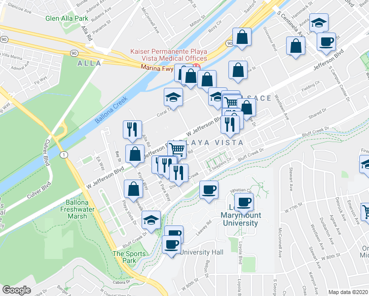 map of restaurants, bars, coffee shops, grocery stores, and more near 5720 South Celedon Creek in Los Angeles