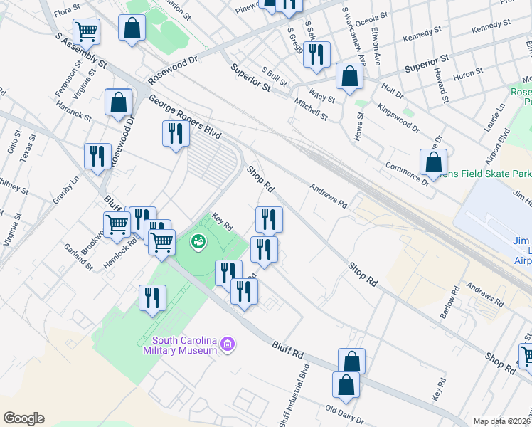 map of restaurants, bars, coffee shops, grocery stores, and more near 1085 Shop Road in Columbia
